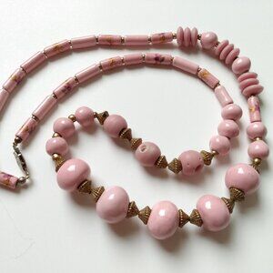 Vintage Pink Ceramic Necklace with Brass Beads Romantic Jewelry